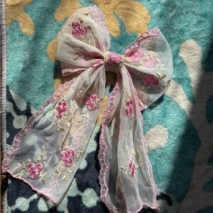 Handmade Embroidered Floral Lace Bow with Pink Accents
